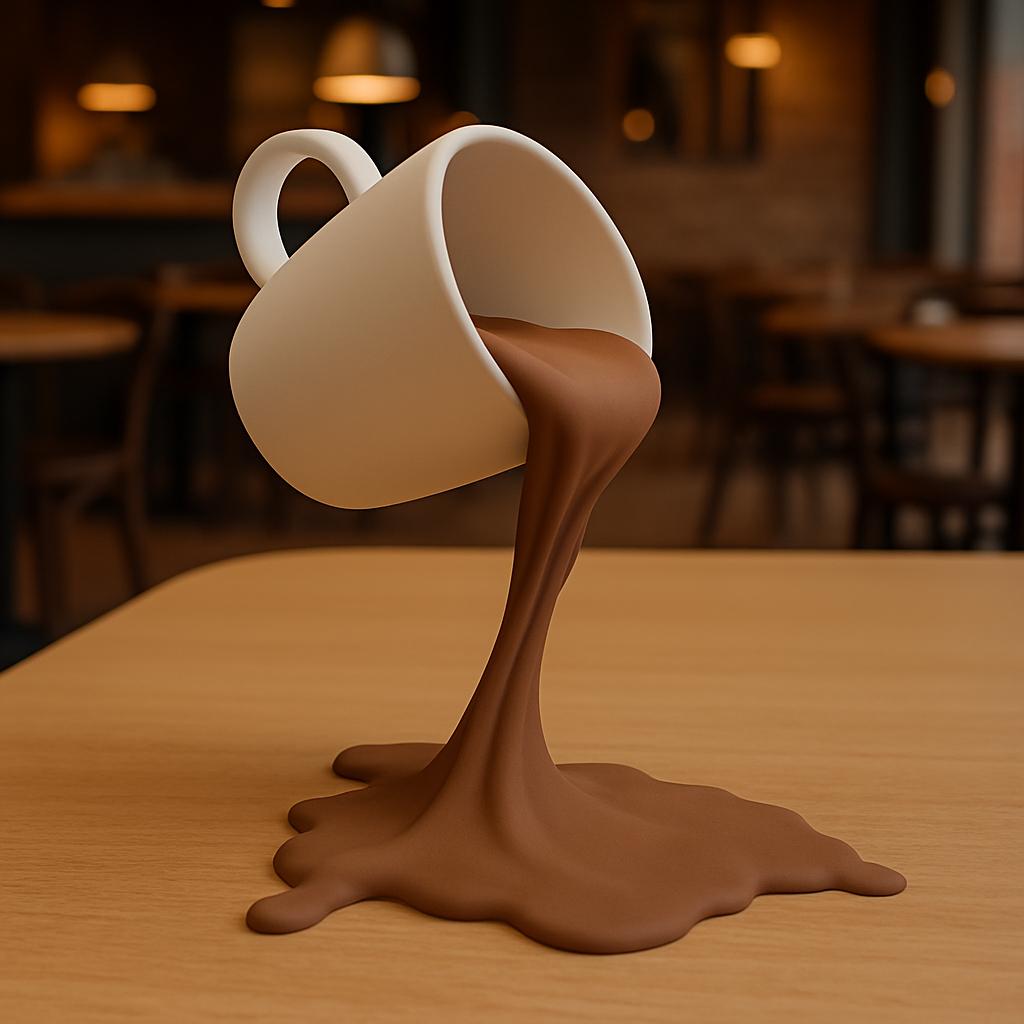 Floating Spilling Coffee Cup | 3D Printed Optical Illusion Sculpture Coffee Lover Kitchen Decor | Funny Desk Accessory Barista Gift Cafe