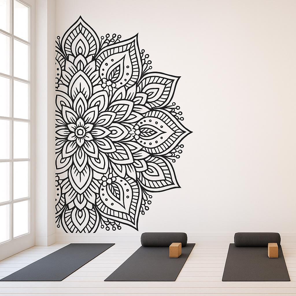 Half mandala wall decal in a yoga studio, enhancing serenity with a boho design and meditation atmosphere.
