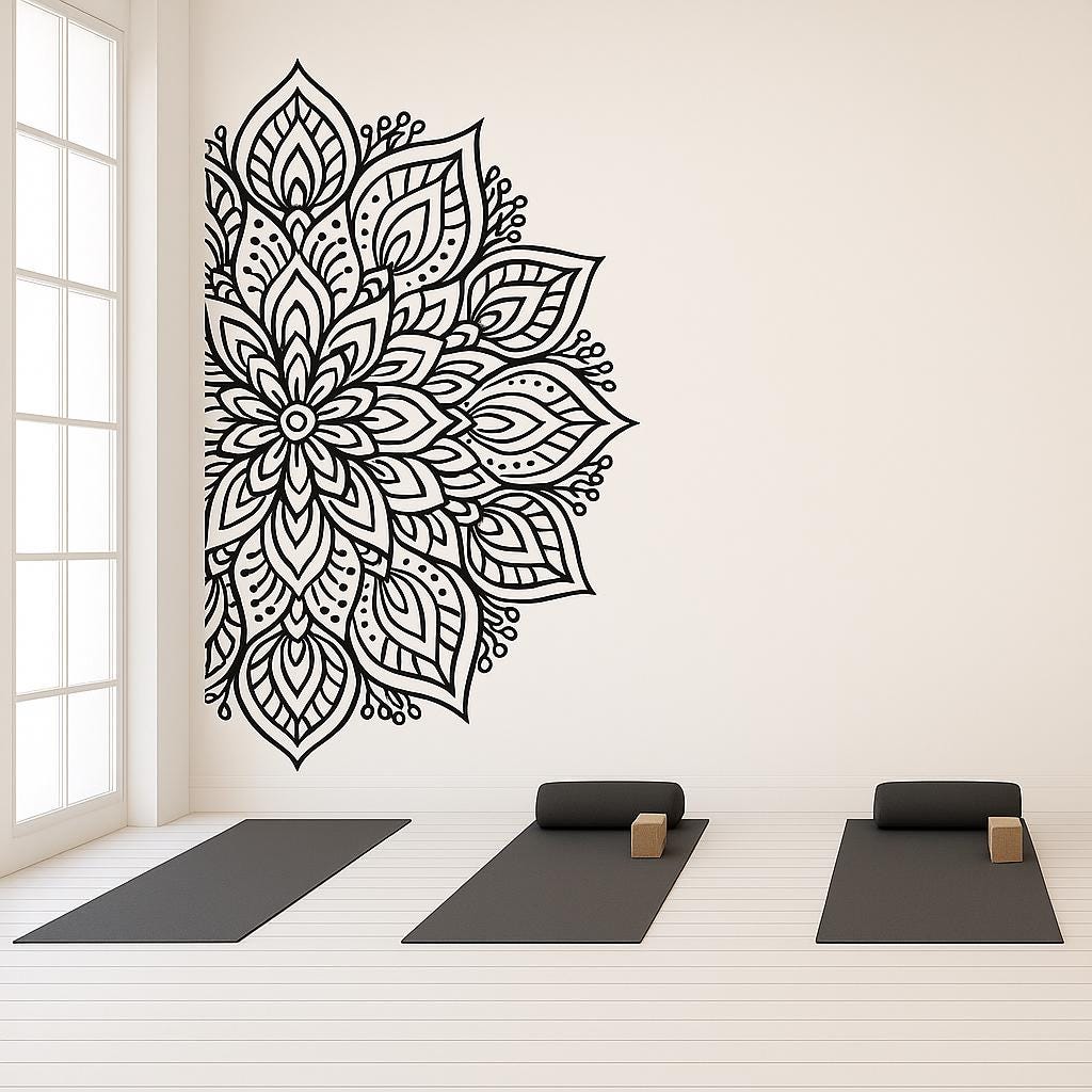 Half mandala wall decal in a yoga studio, enhancing the serene atmosphere with a boho design.