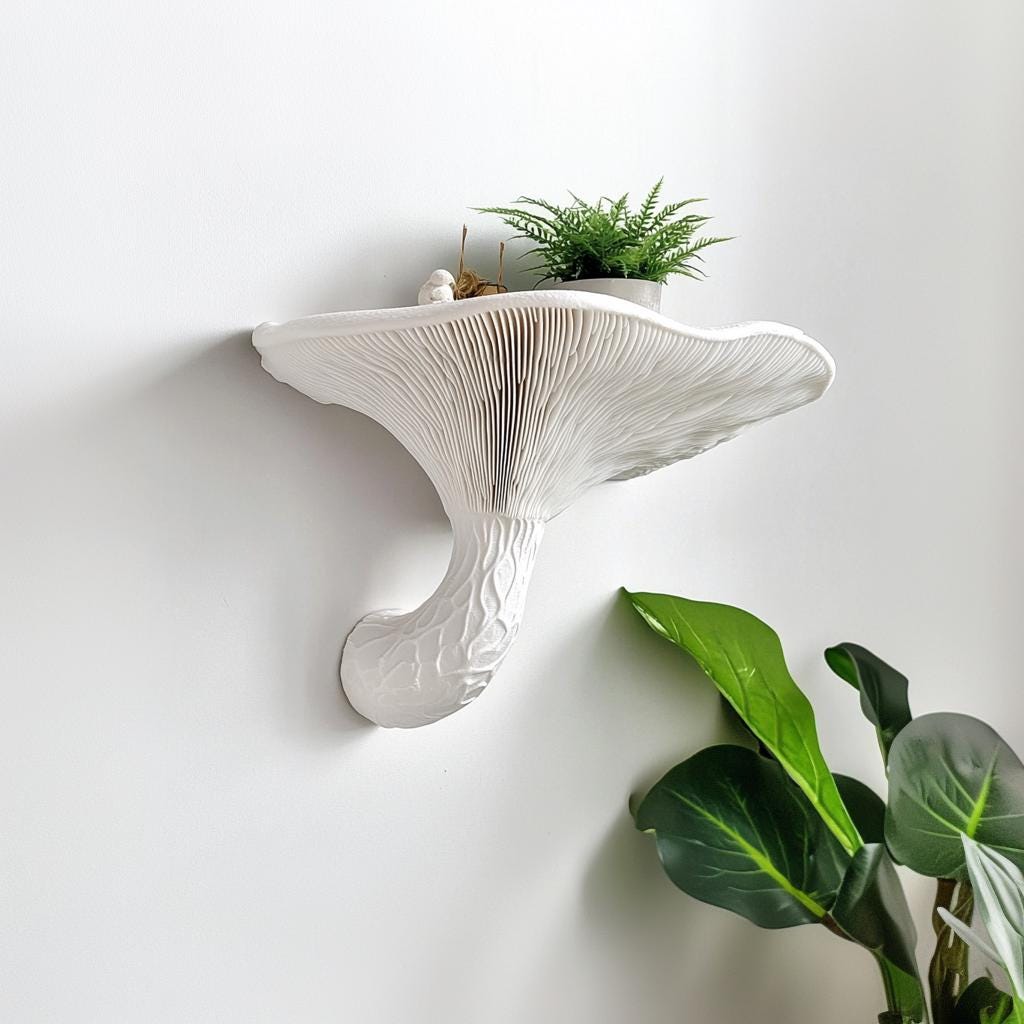 Sculptural honey mushroom wall shelf with plants, showcasing modern organic design and textured matte white finish.