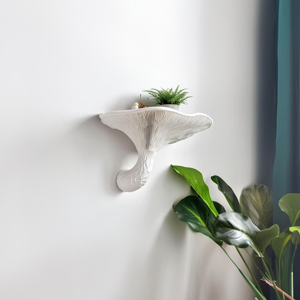 3D printed Honey Mushroom wall shelf with plant, showcasing natural design and organic decor.