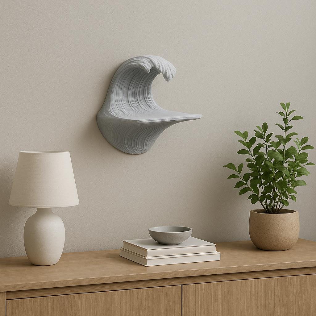 Grey matte wave wall shelf as coastal decor, enhancing modern interior design with minimalist style.