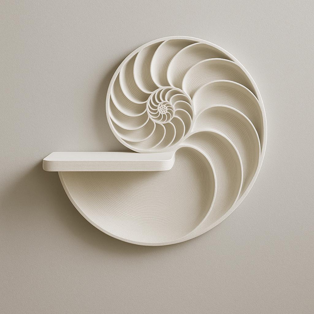 Beige Nautilus wall shelf in spiral design, showcasing 3D printed geometric art for modern coastal decor.