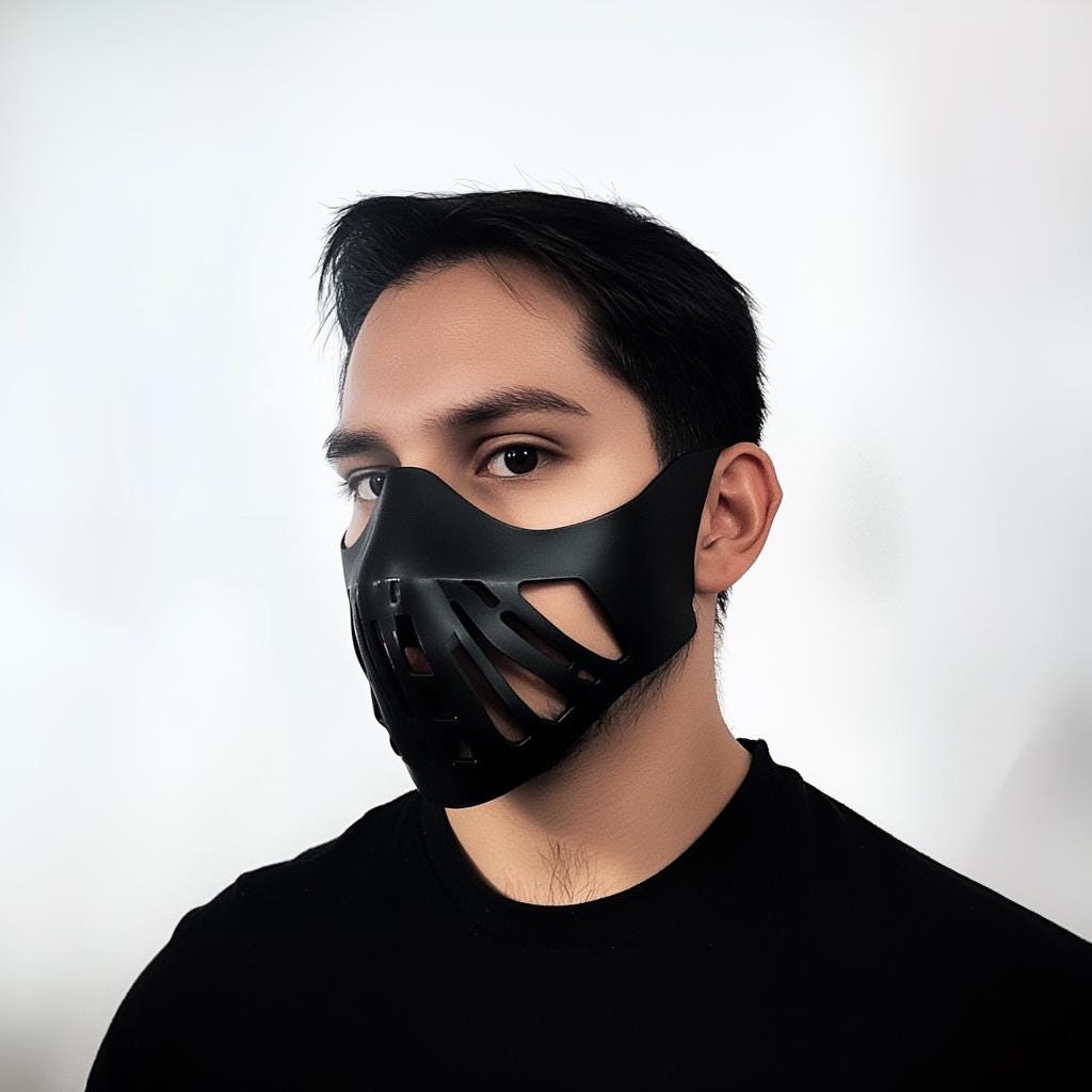 Futuristic black 3D printed warrior face mask worn by a man, perfect for cosplay and tactical themes.