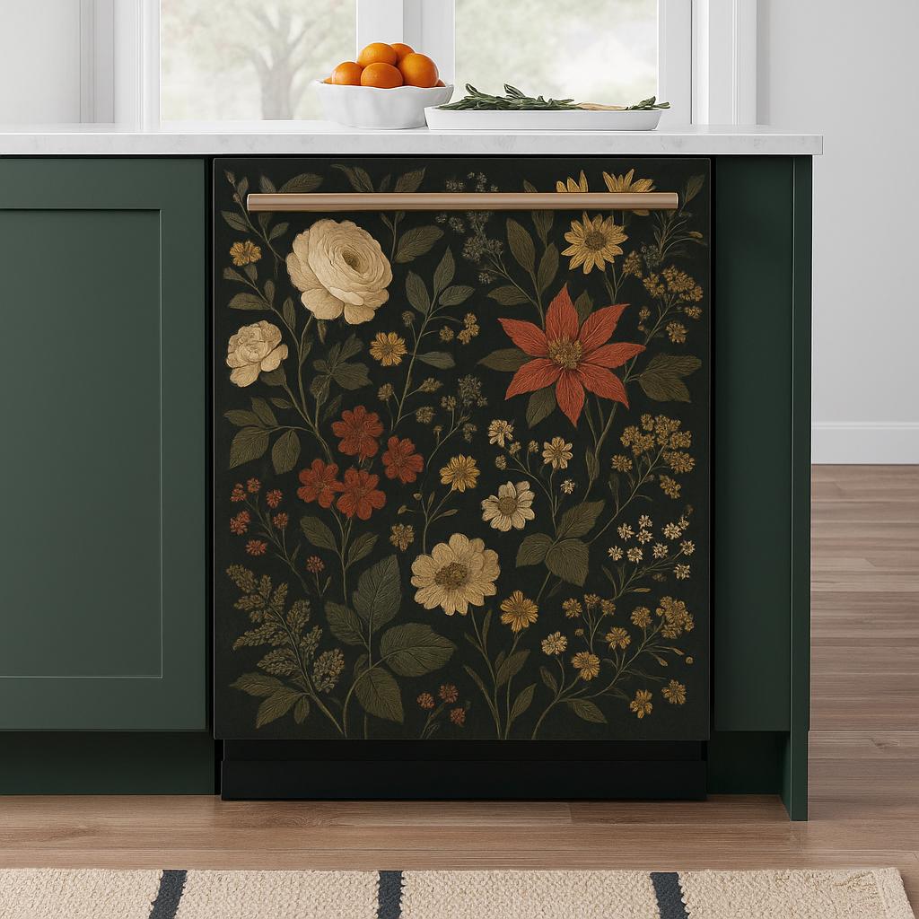 Dishwasher cover with vintage floral dark botanical design, adding charm to modern kitchen decor.