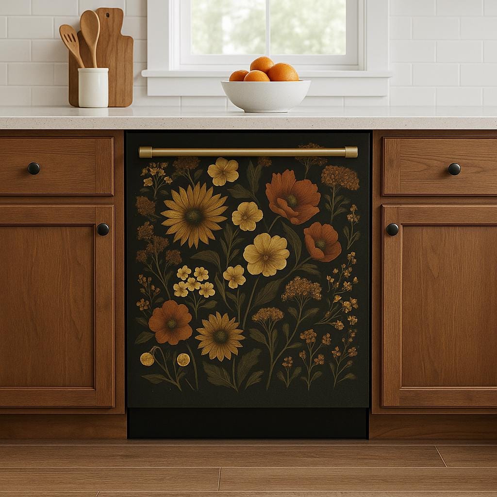 Vintage Floral Dishwasher Cover | Botanical Kitchen Decal | Sunflower Magnetic Wrap | Dark Floral Vinyl Sticker Peel Stick Dishwasher Decor