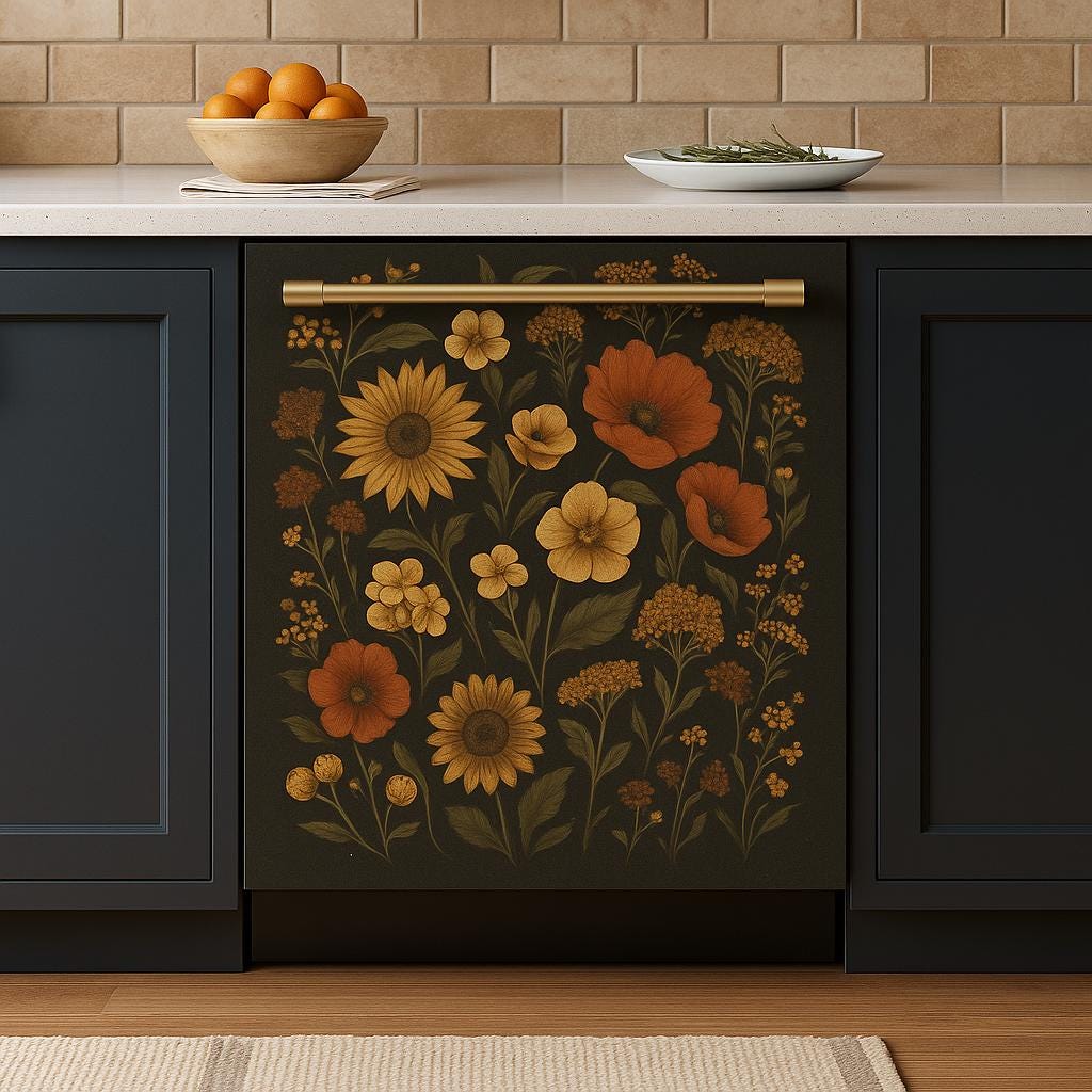 Vintage Floral Dishwasher Cover | Botanical Kitchen Decal | Sunflower Magnetic Wrap | Dark Floral Vinyl Sticker Peel Stick Dishwasher Decor