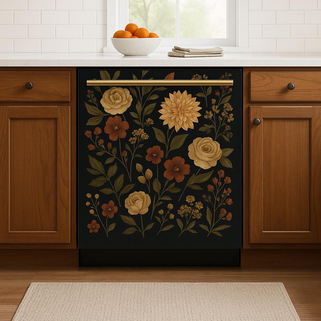 Dark floral dishwasher cover featuring yellow roses and wildflowers, enhancing a cozy boho kitchen decor.