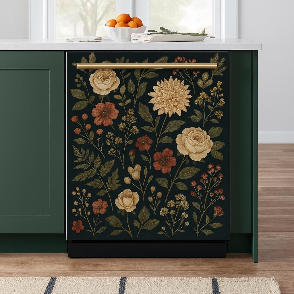 Dark floral dishwasher cover featuring yellow roses and wildflowers on a stylish kitchen appliance.