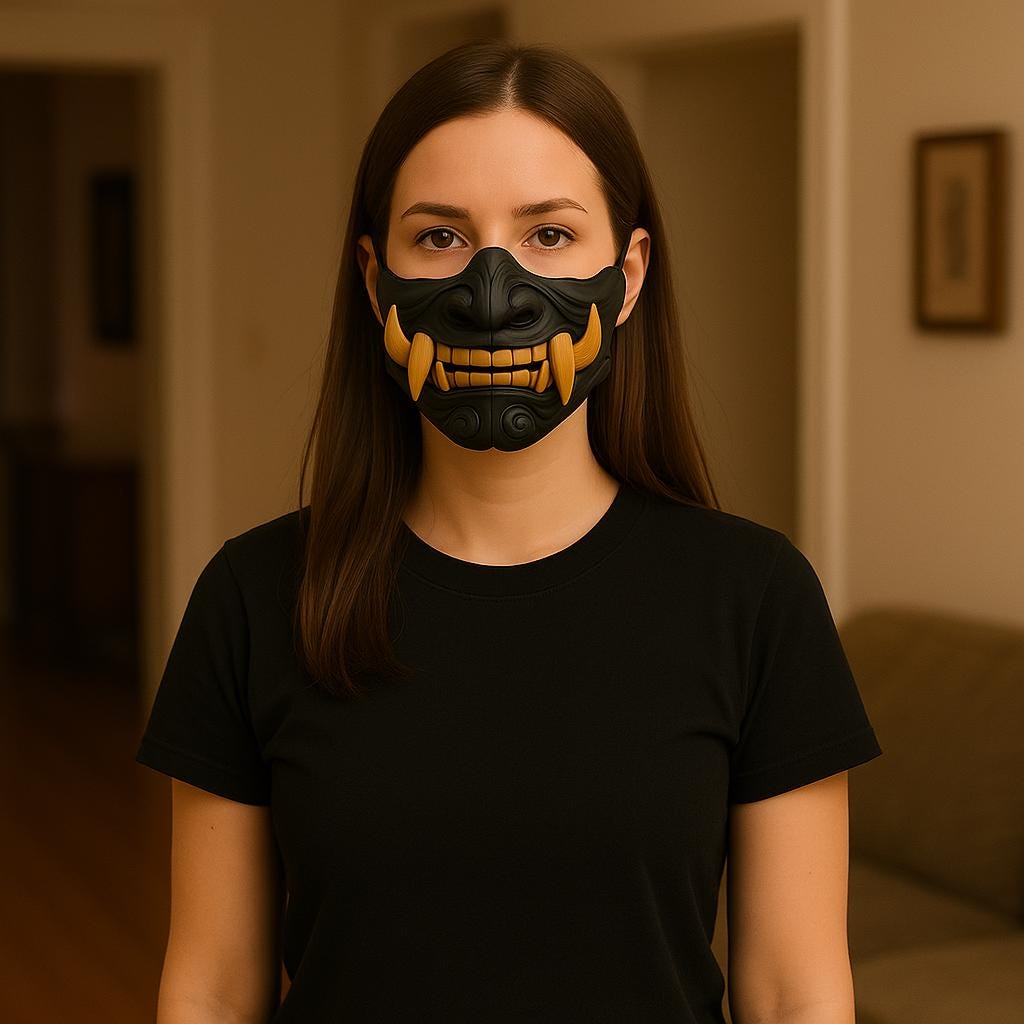 Model wearing a Half Oni Mempo Mask, showcasing its detailed 3D printed design, perfect for cosplay and Halloween.