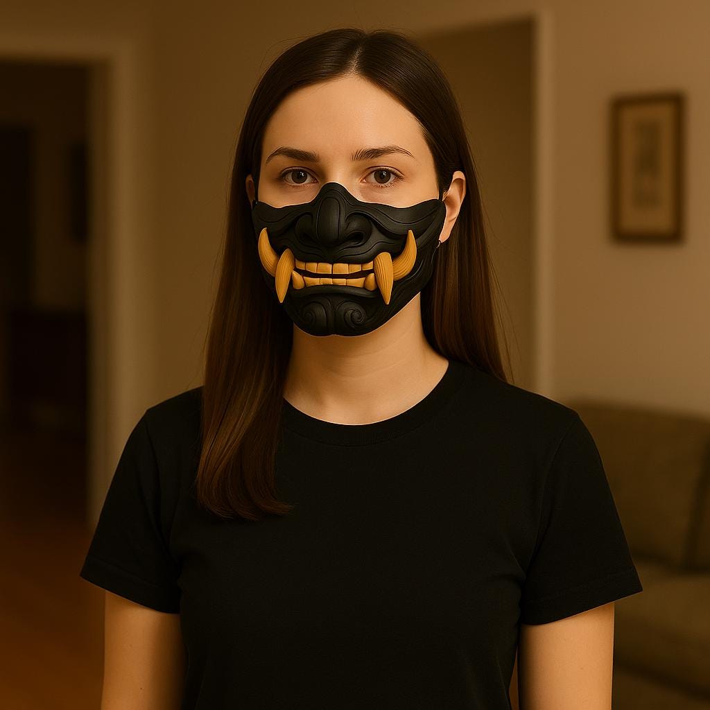 Half Oni Mempo Mask worn by model, showcasing intricate design and striking colors for cosplay or Halloween.