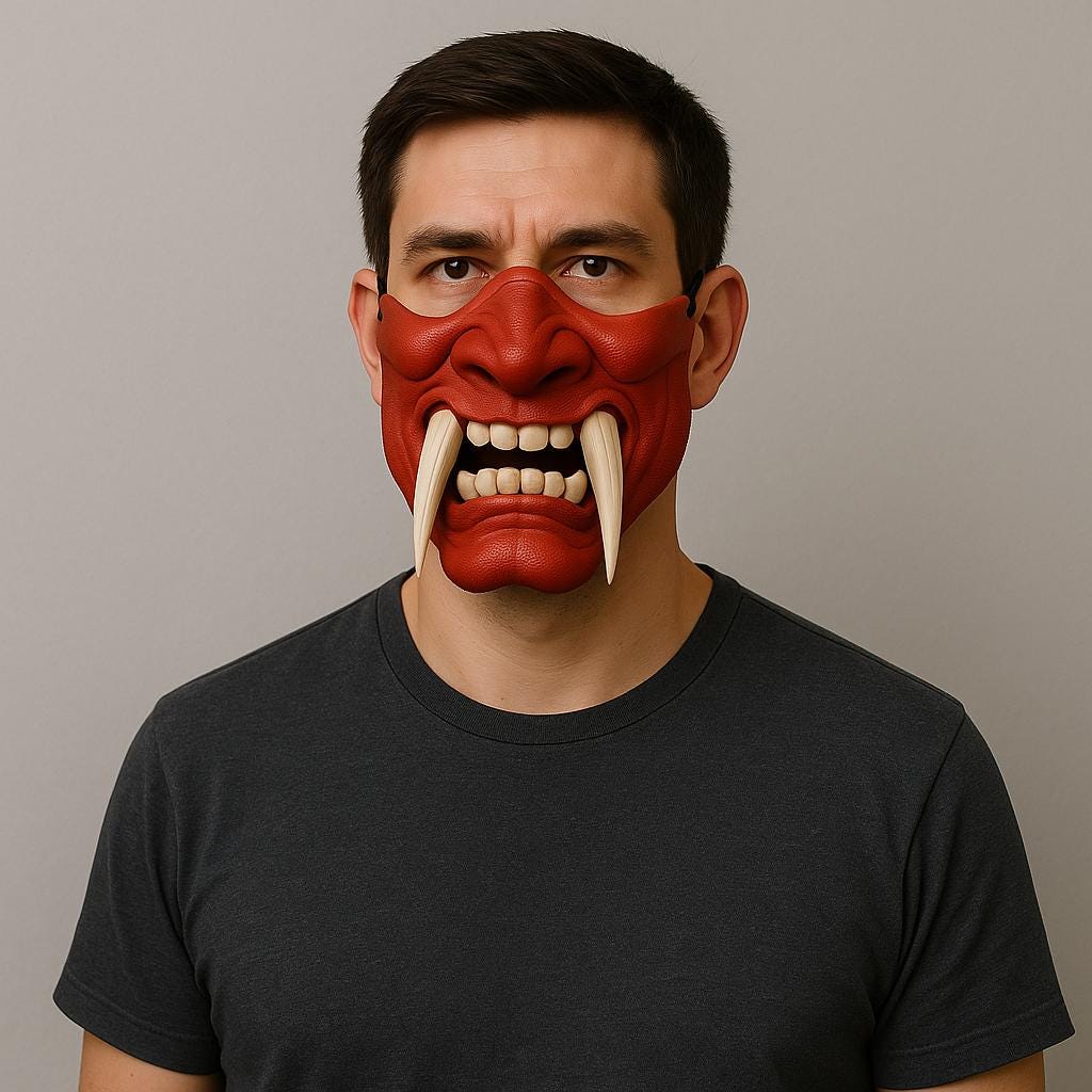 Two-color Oni half face mask on a model, featuring red skin and dramatic white tusks, perfect for cosplay and Halloween.