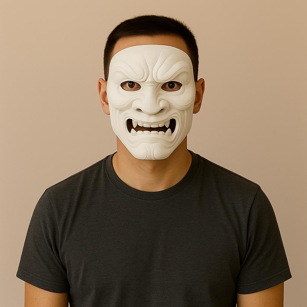 Full Oni Samurai Mask worn by a person, showcasing a fierce white 3D printed demon design for cosplay or Halloween.