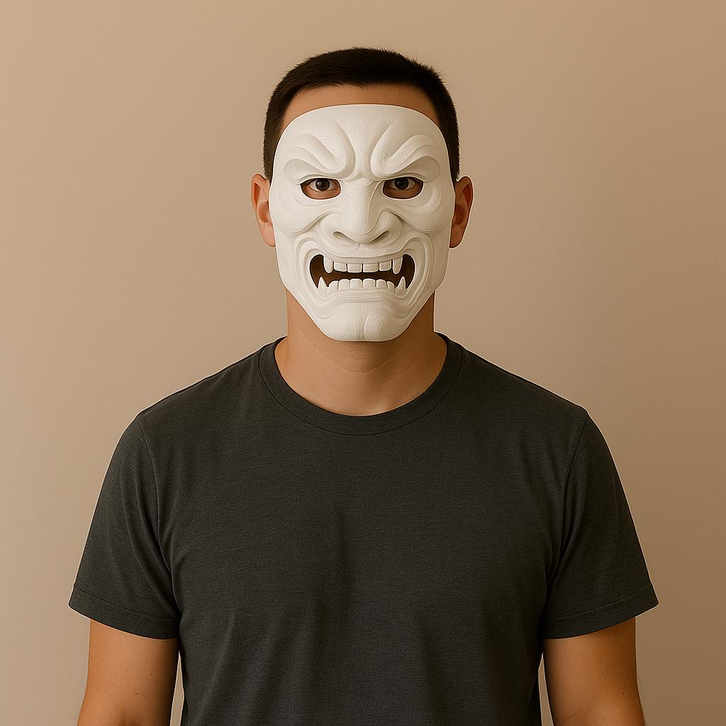 Full Oni Samurai Mask worn by a person, showcasing fierce design for cosplay and Halloween.