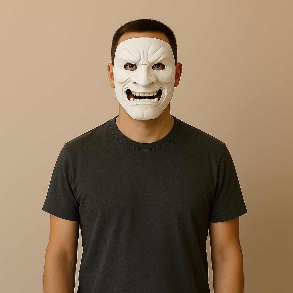 Full Oni Samurai Mask worn by a person, showcasing a fierce white demon design for cosplay and Halloween.