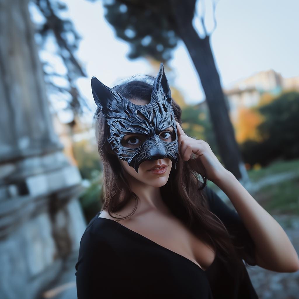 3D printed werewolf mask on a woman, showcasing intricate detail for costume parties and gothic aesthetics.