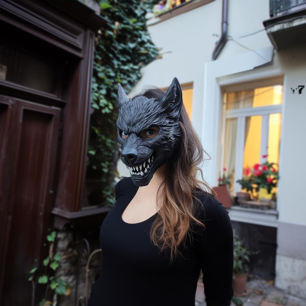 Woman wearing a detailed werewolf cosplay mask in an outdoor setting, perfect for Halloween or horror-themed events.