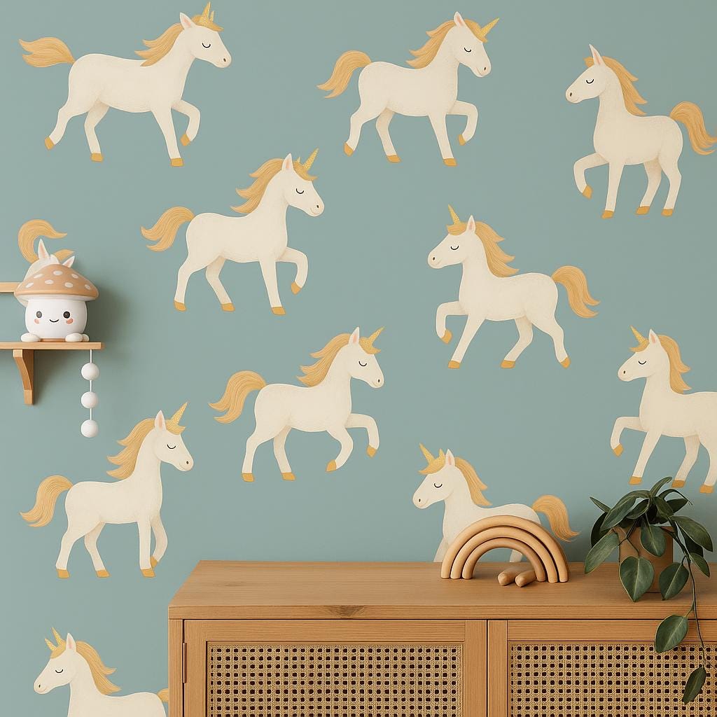 Whimsical unicorn wall decals in soft watercolor tones for a magical kids' room decor.