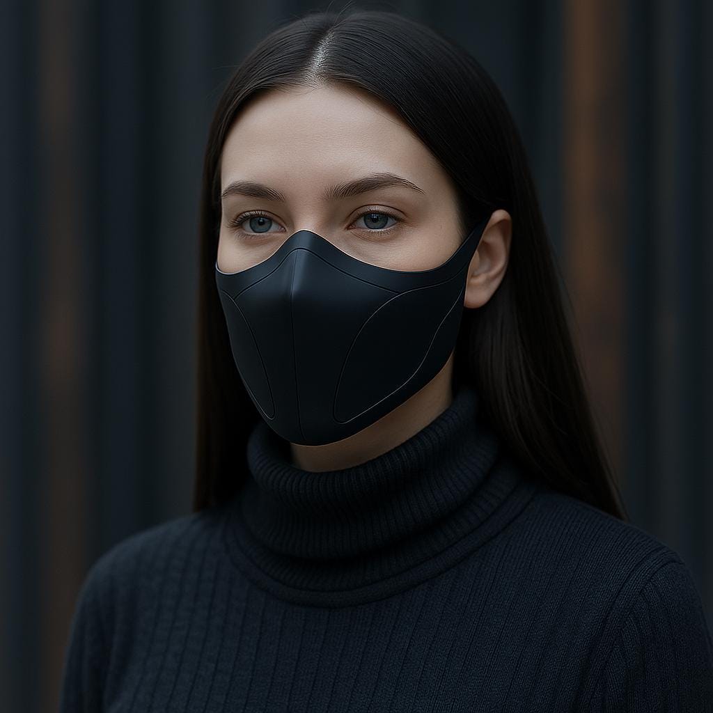 Matte black half-face mask on a model wearing a black turtleneck, showcasing a sleek and modern design.