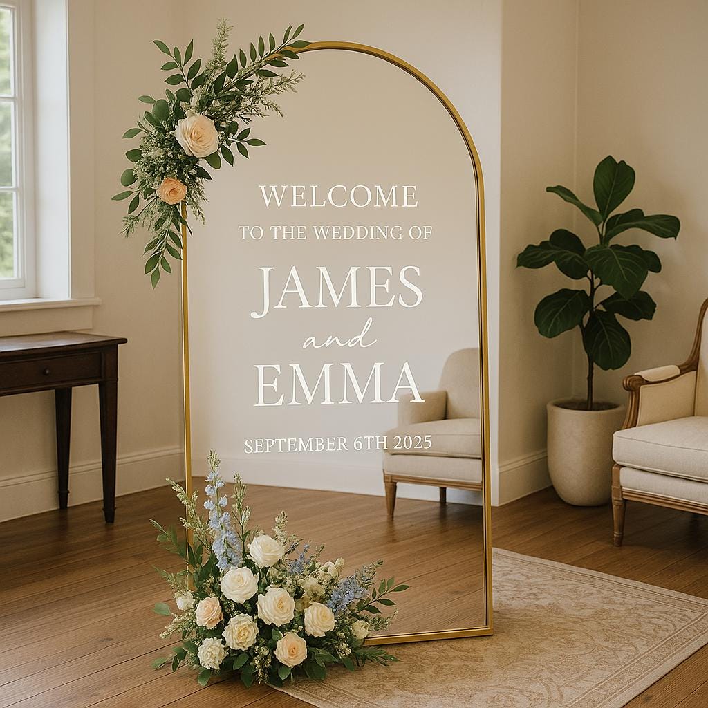 Personalized wedding mirror decal welcoming guests to wedding of James and Emma on September 6th, 2025.