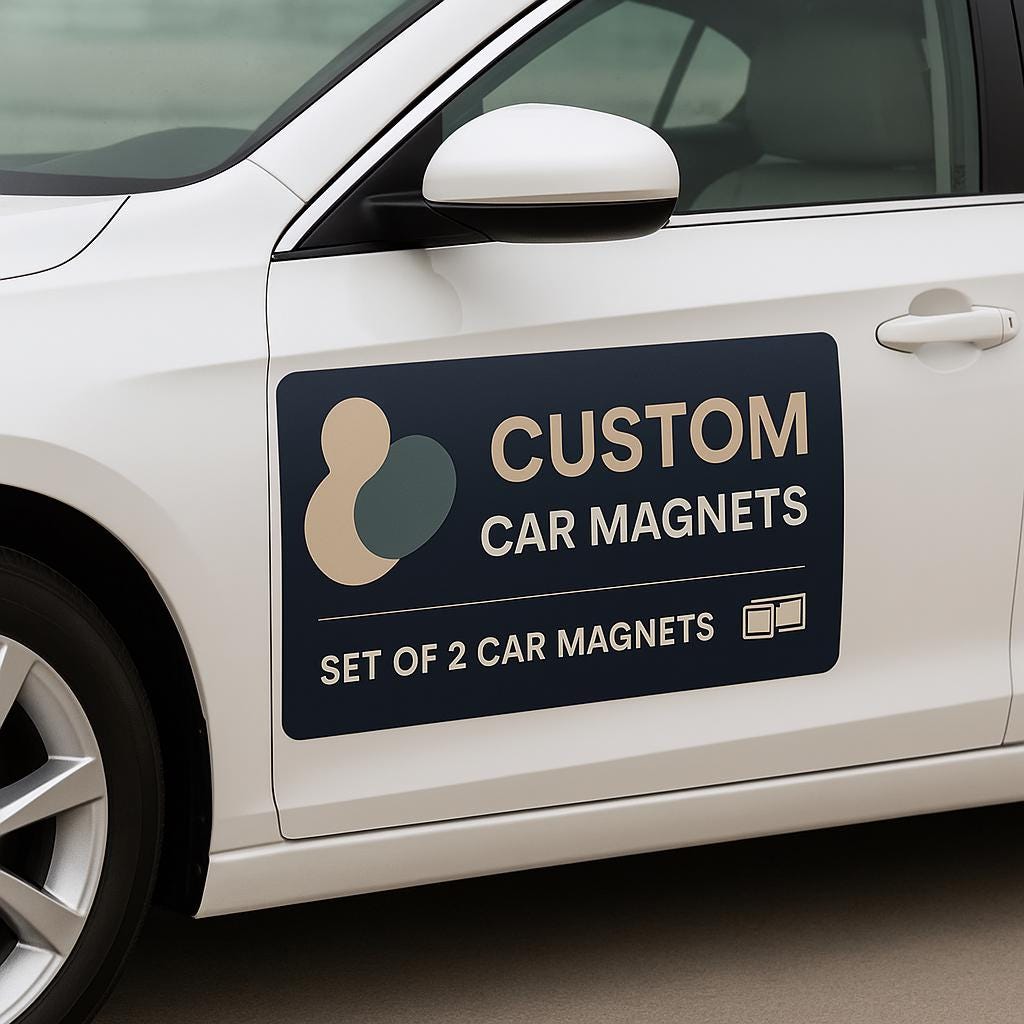 Custom car magnet on side of white vehicle showcasing branding and advertising options for businesses.