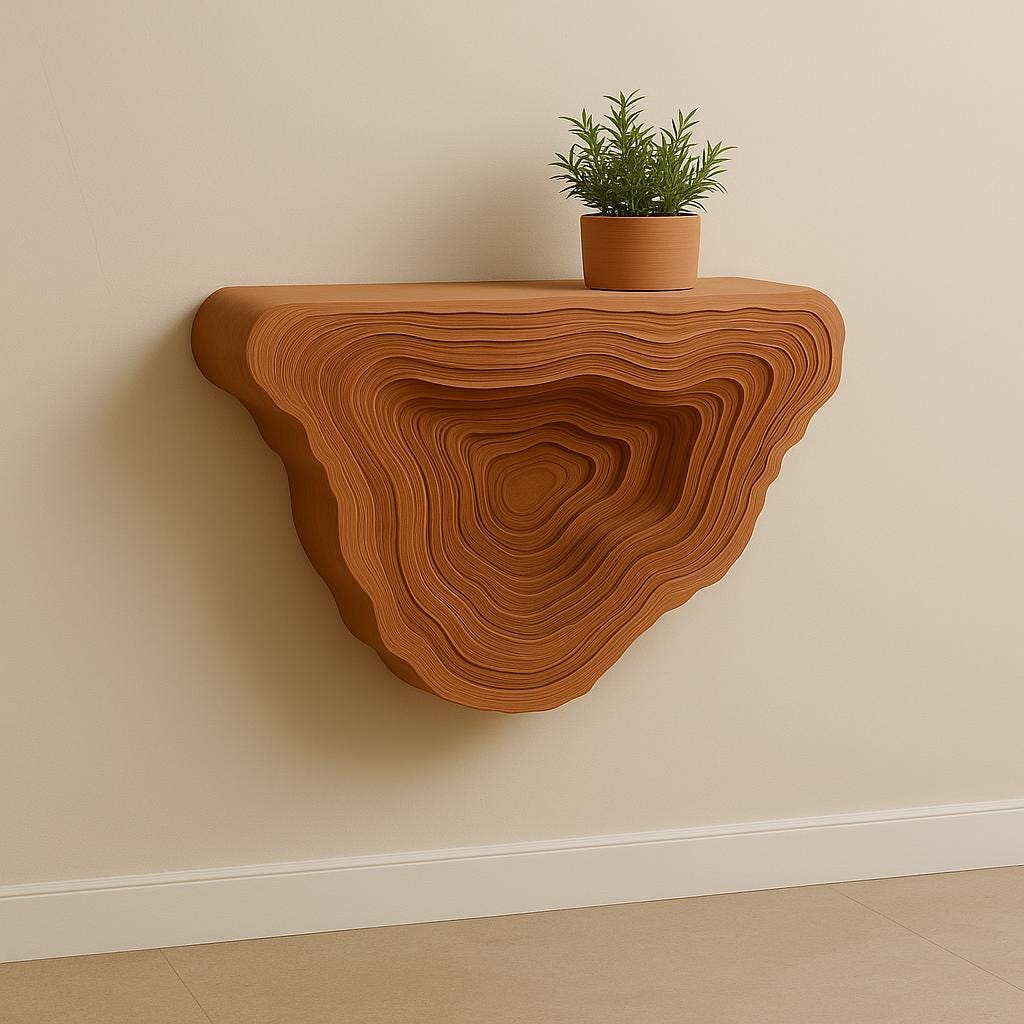 3D printed geometric floating shelf in terracotta, featuring layered design and small plant, perfect for minimalist decor.