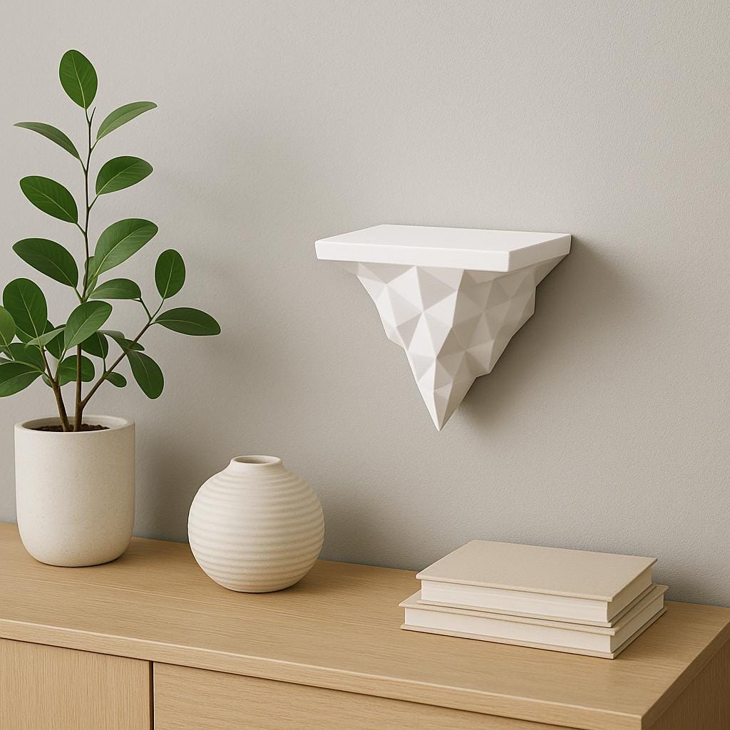 Modern geometric 3D printed white wall shelf resembling an iceberg, ideal for minimalist decor and small item display.