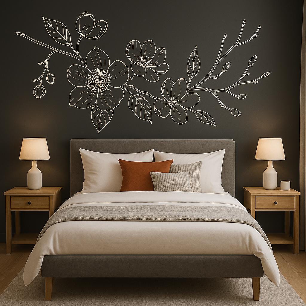 Magnolia wall decal above a bed in a cozy bedroom, featuring floral design on dark wall for elegant decor.