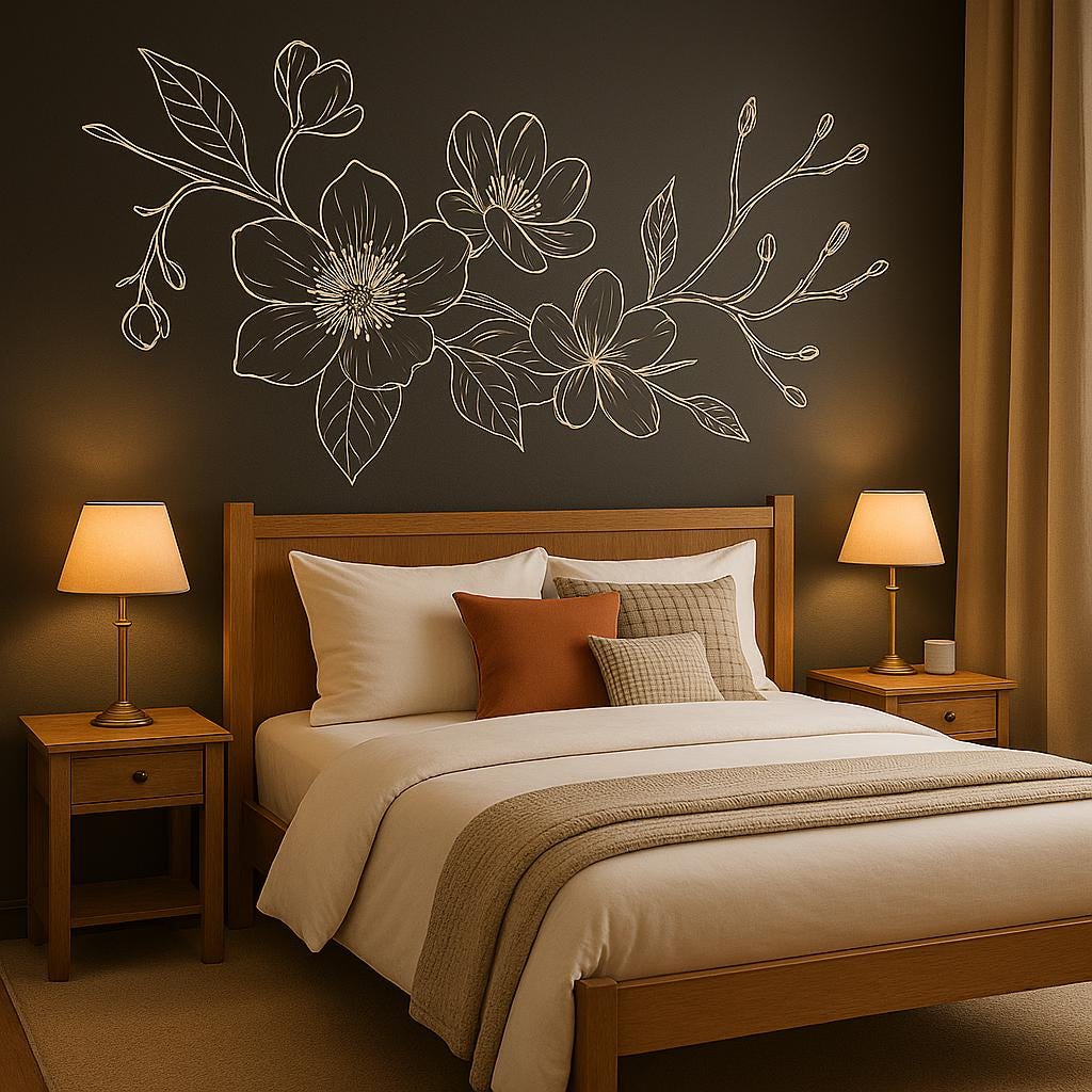 Magnolia wall decal featuring delicate white floral illustrations on a dark wall in a cozy bedroom setting.