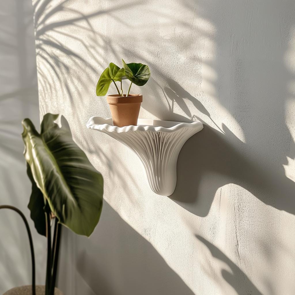 3D printed mushroom wall shelf with a potted plant, showcasing minimalist design and natural elegance.