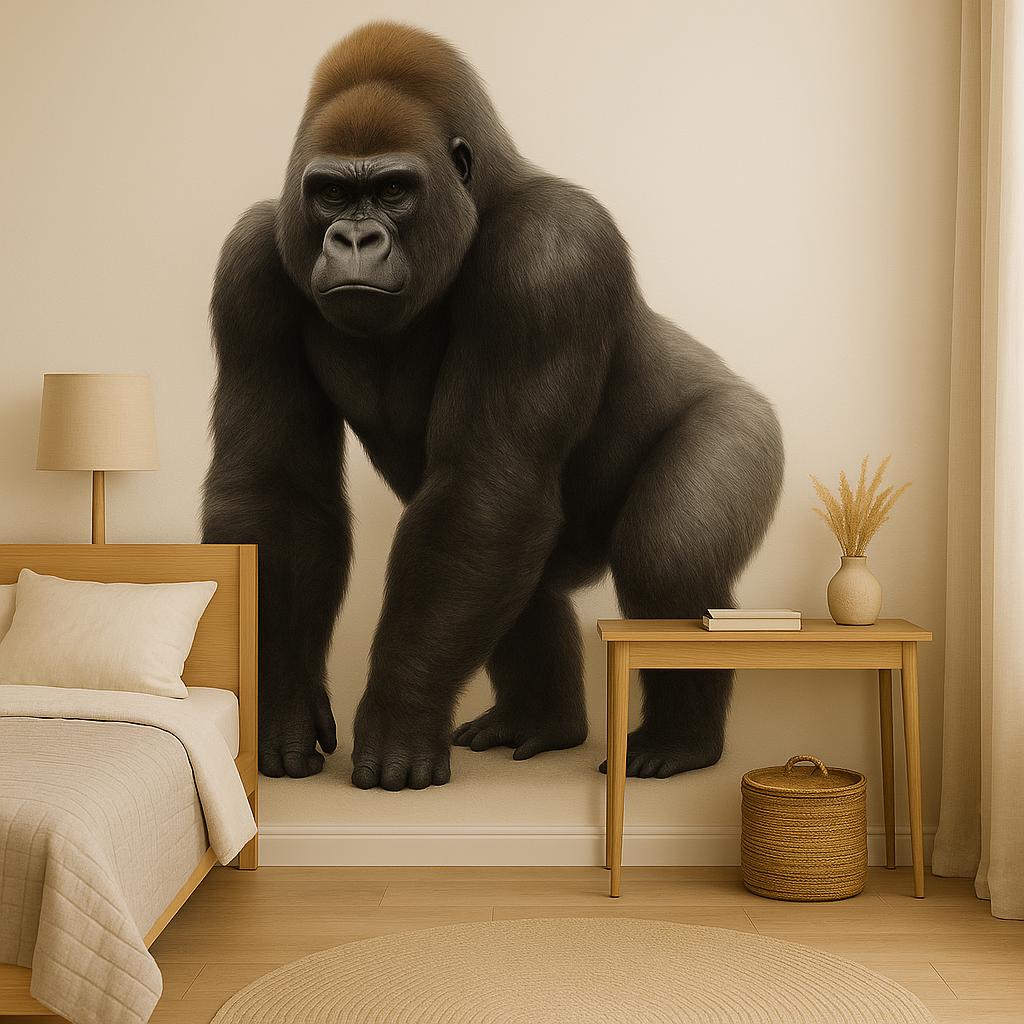 Realistic gorilla wall decal in a cozy nursery, perfect for jungle-themed decor in kids' rooms.