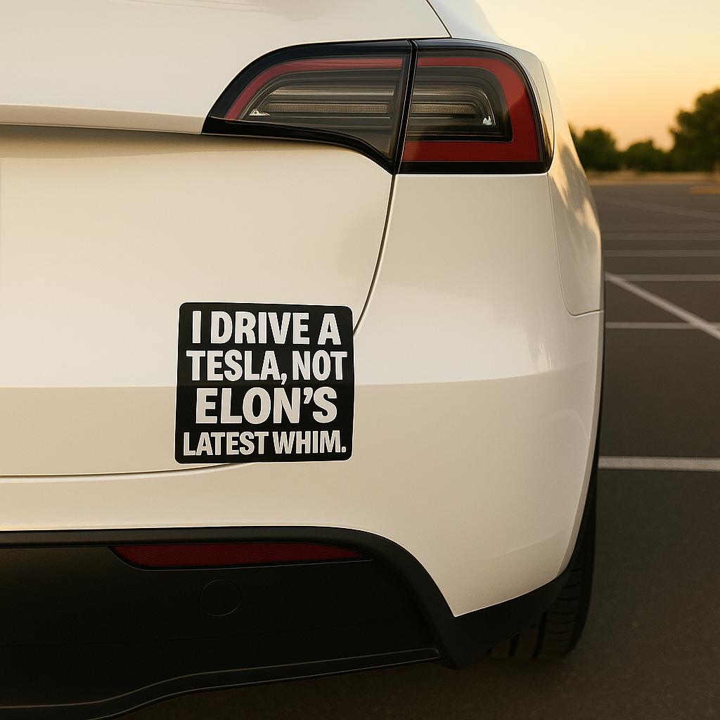 Funny Tesla bumper sticker saying 'I Drive a Tesla, Not Elon’s Latest Whim' on a white car.