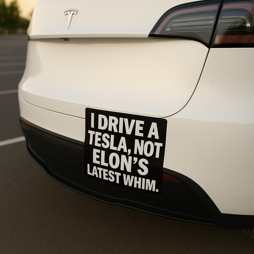 Funny Tesla bumper sticker reading 'I Drive a Tesla, Not Elon's Latest Whim' on a white Tesla car.