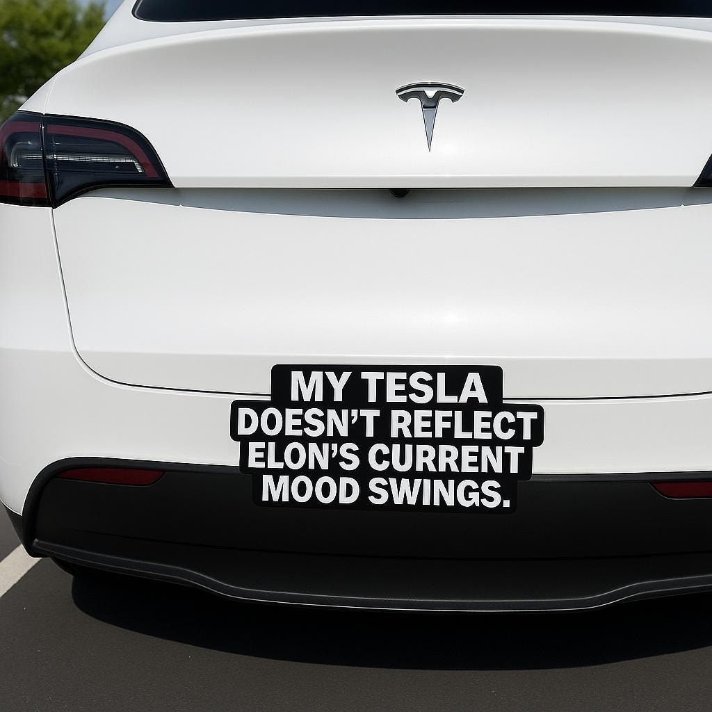 Tesla Model Y with funny bumper sticker "My Tesla Doesn't Reflect Elon's Mood Swings" on the back.