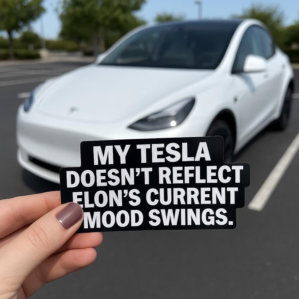 Person holding a bumper sticker that reads "My Tesla Doesn’t Reflect Elon’s Current Mood Swings" with a Tesla Model Y in the background.
