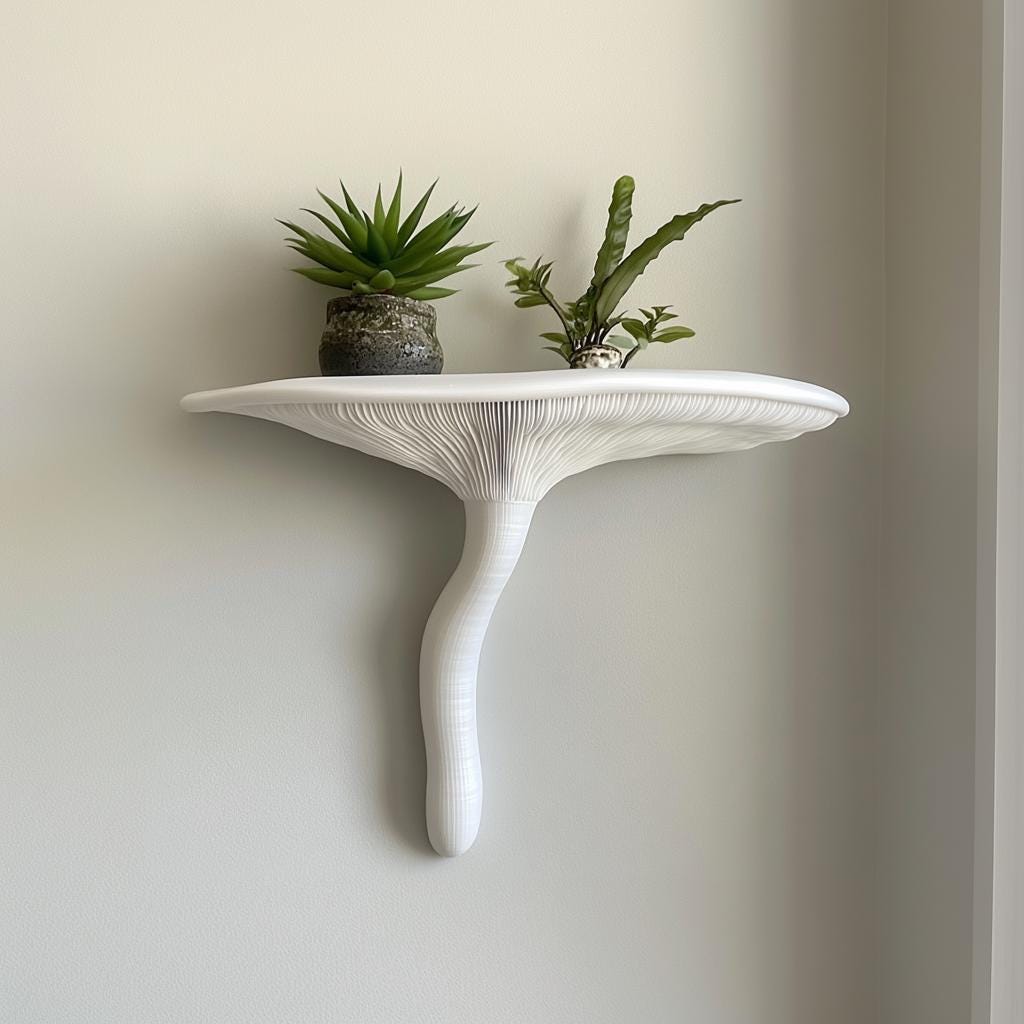3D printed white mushroom wall shelf displaying small plants, blending nature and modern decor in home accent.