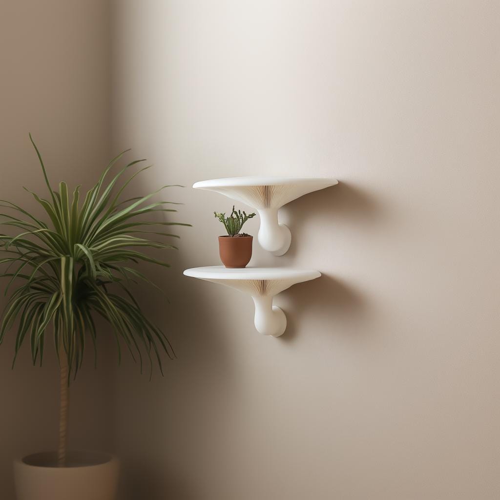 Set of 2 honey mushroom inspired white wall shelves with potted plant, minimalist home decor accent.