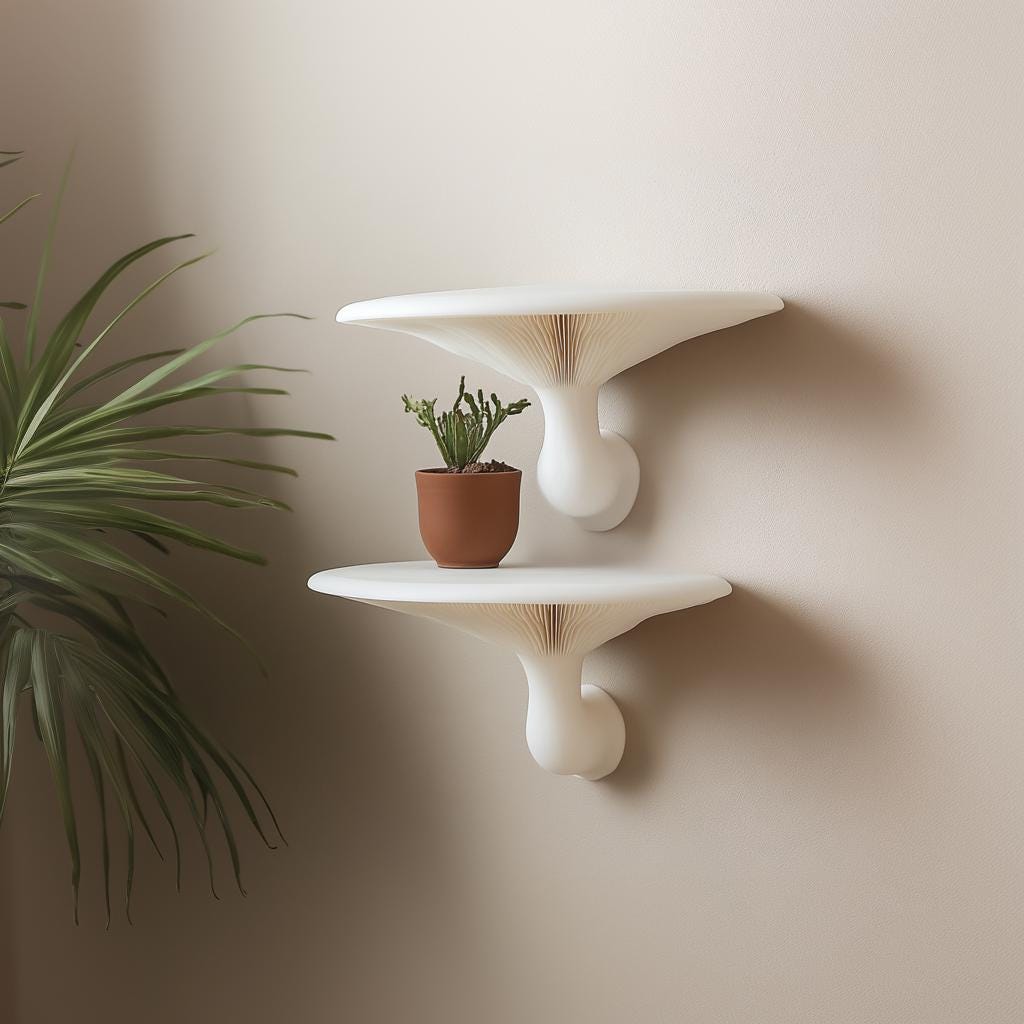 Set of 2 honey mushroom inspired wall shelves, 3D printed in matte white, perfect for adding organic decor to your home.