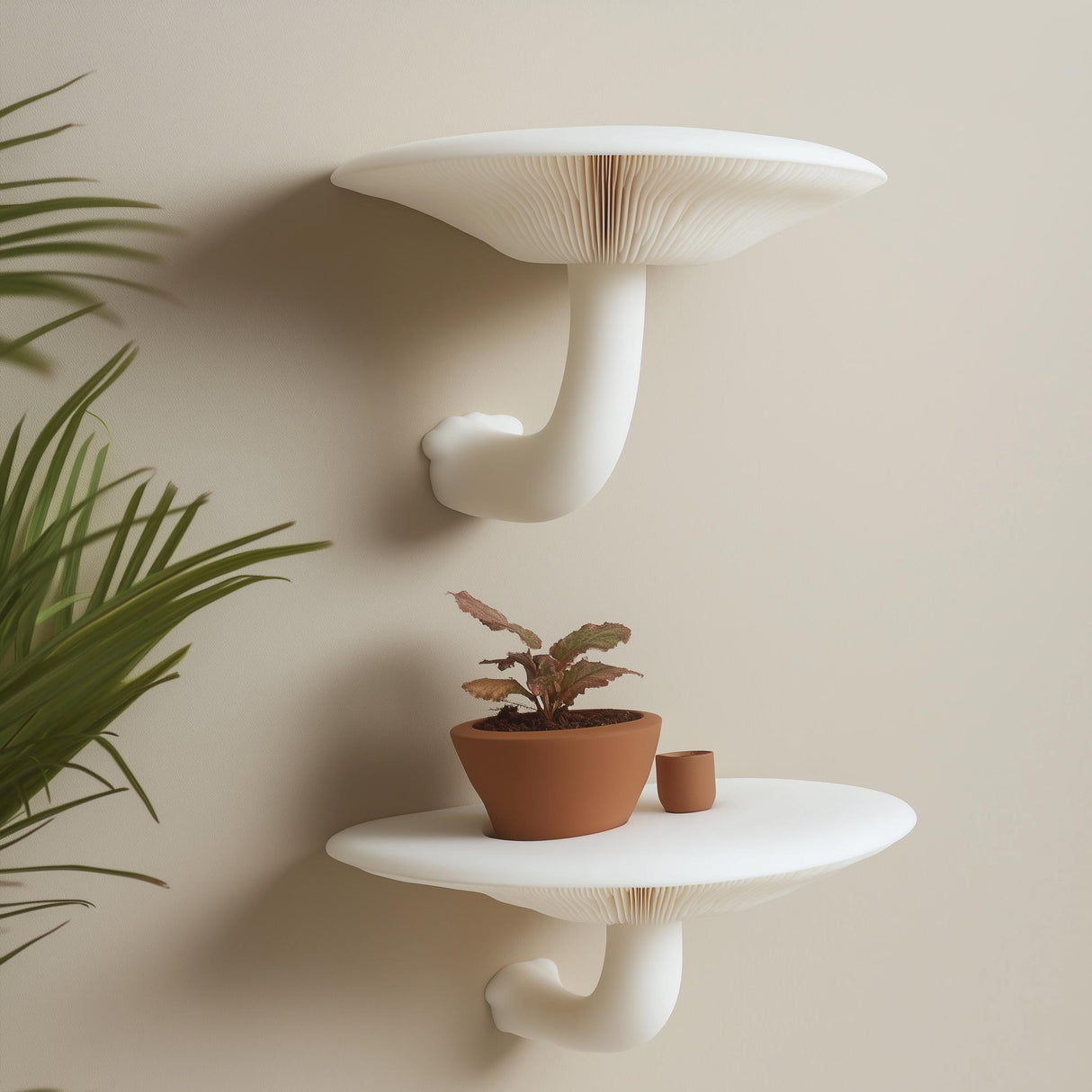 Mushroom-inspired 3D printed wall shelf set of 2 with potted plant on beige wall, featuring curved stems and organic design.