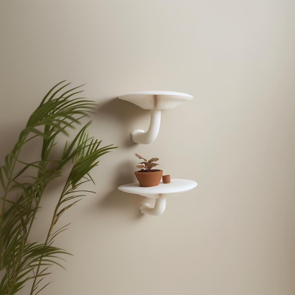 Mushroom wall shelf set of 2 with plants, inspired by Honey Mushrooms, adding nature decor to interiors.