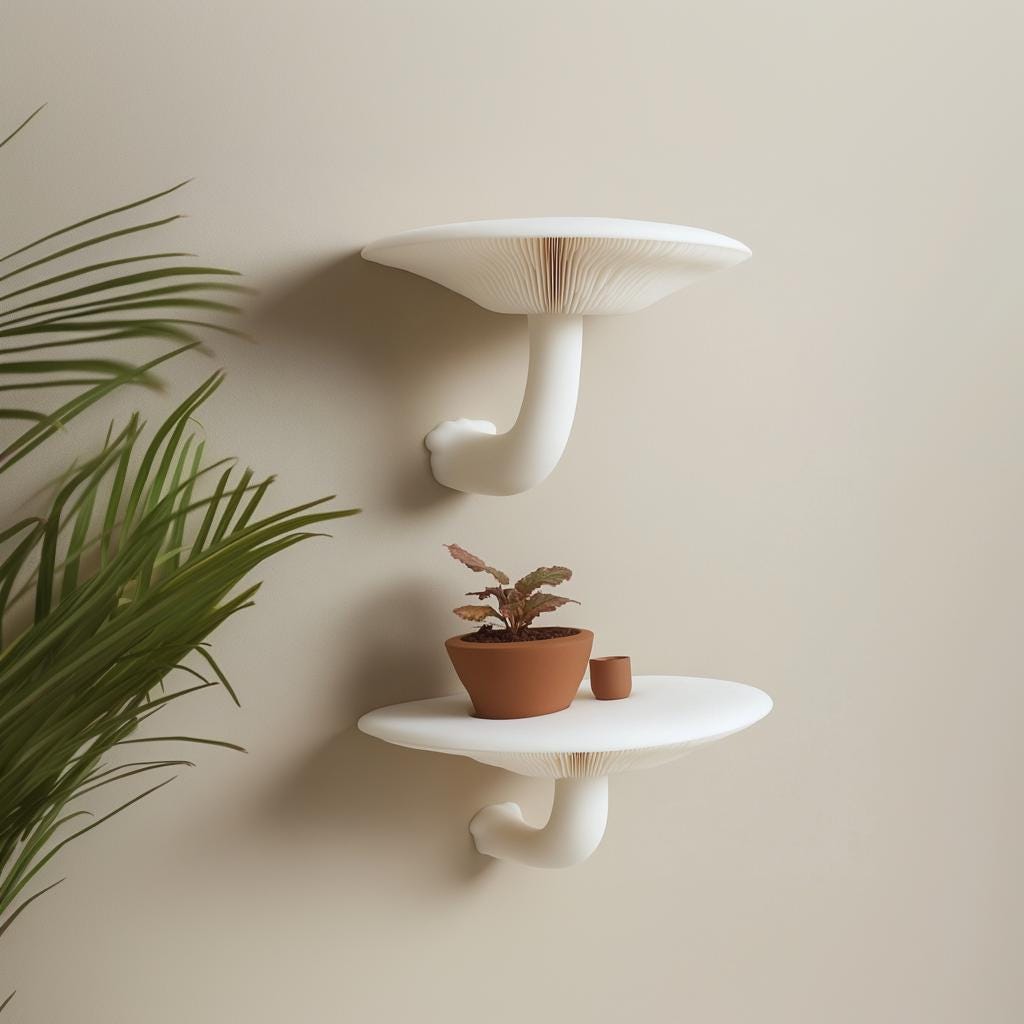 Honey mushroom inspired 3D printed floating shelves with plants, showcasing elegant sculptural design.