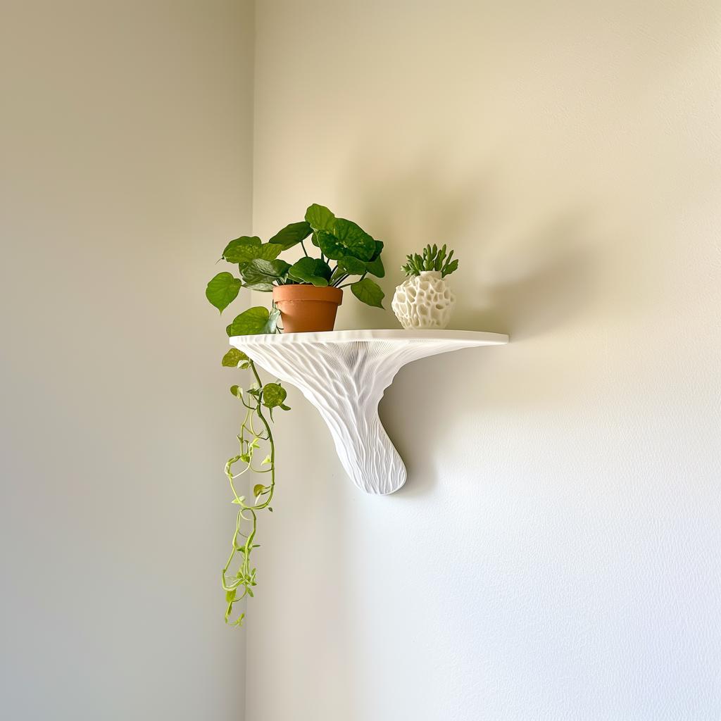 Organic 3D printed Deadly Galerina mushroom shelf displaying houseplants and botanical decor on a white wall.