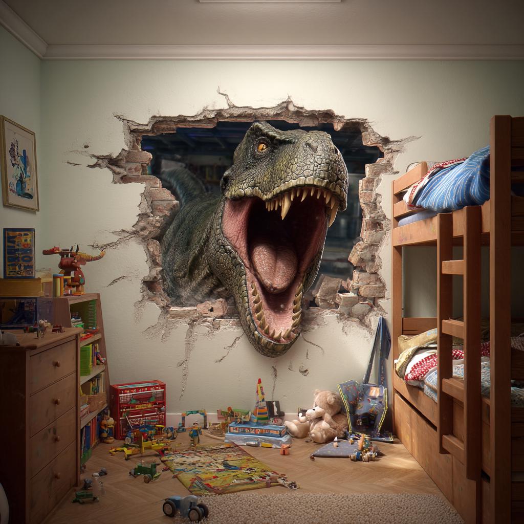 T-Rex Dinosaur Wall Decal | 3D Breakthrough Wall Sticker for Kids Room | Hyper Realistic TRex Mural | Dinosaur Bedroom Decor Boys Room Gift
