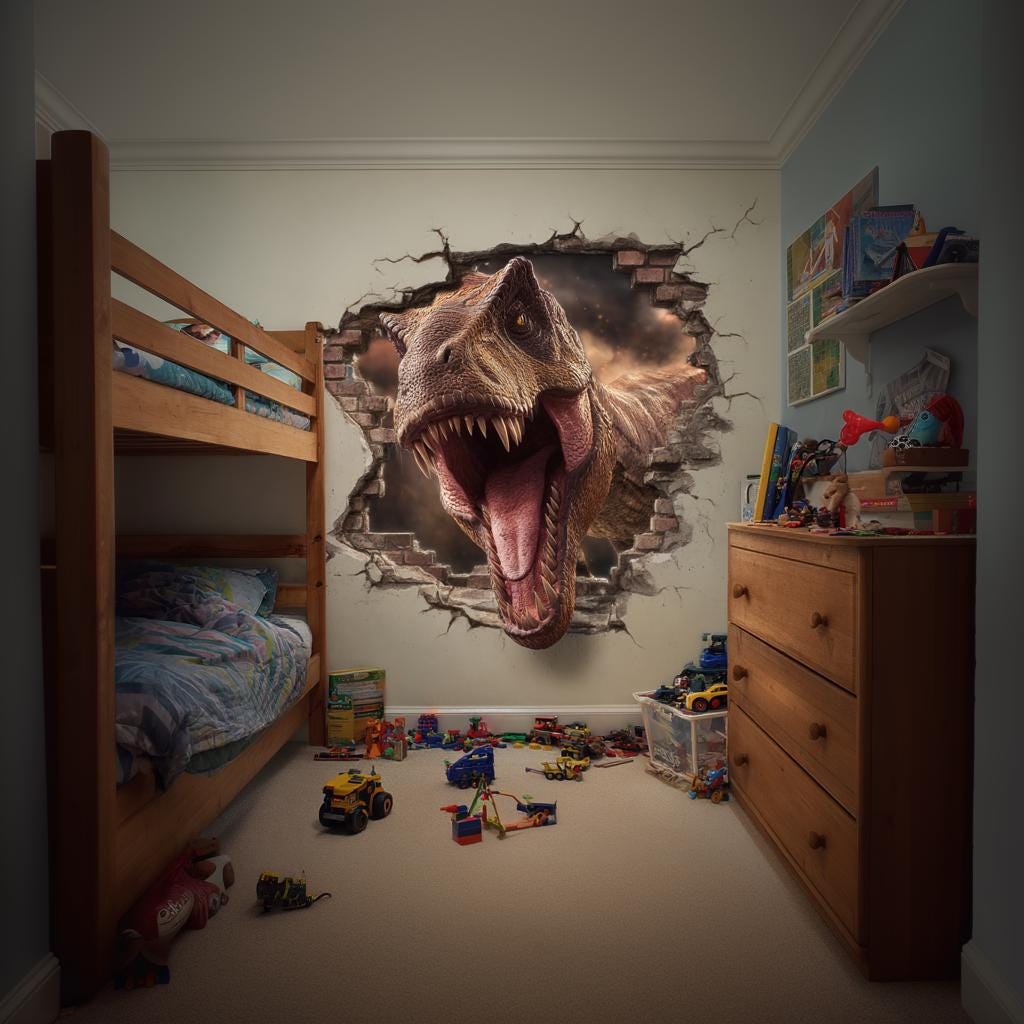 Realistic 3D T-Rex wall decal bursting through a wall in a boy's room, perfect for dinosaur lovers.