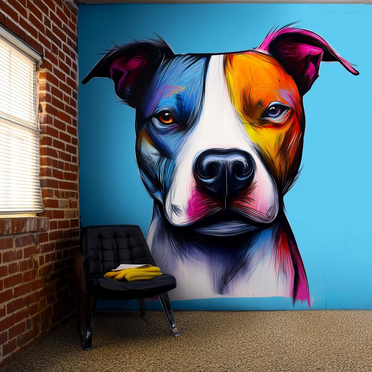 Colorful pit bull wall decal on blue wall, vibrant modern dog art for urban home decor.