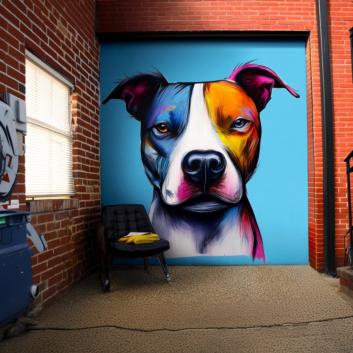 Colorful pitbull wall decal in modern interior, showcasing vibrant street-art style and bold pet portrait.
