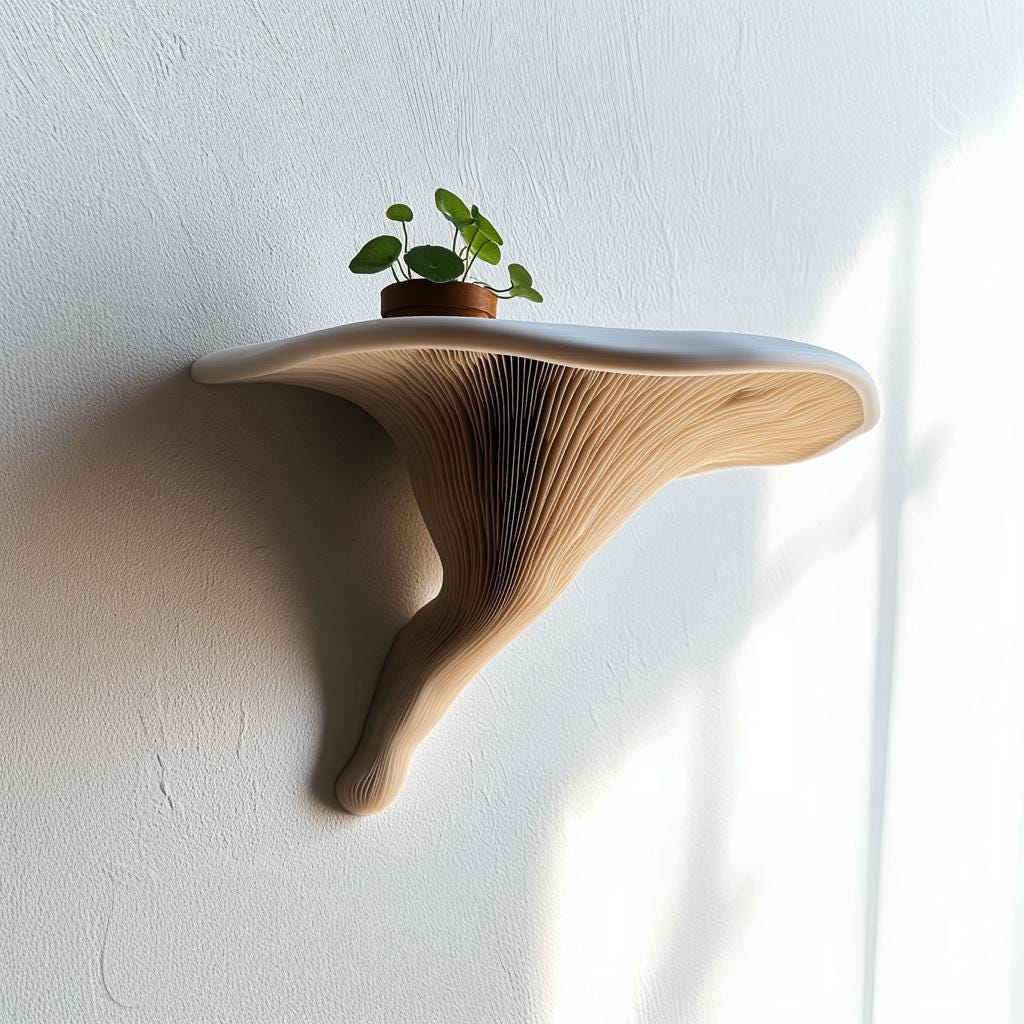 3D printed mushroom shelf design with a potted plant, showcasing organic curves and modern decor.