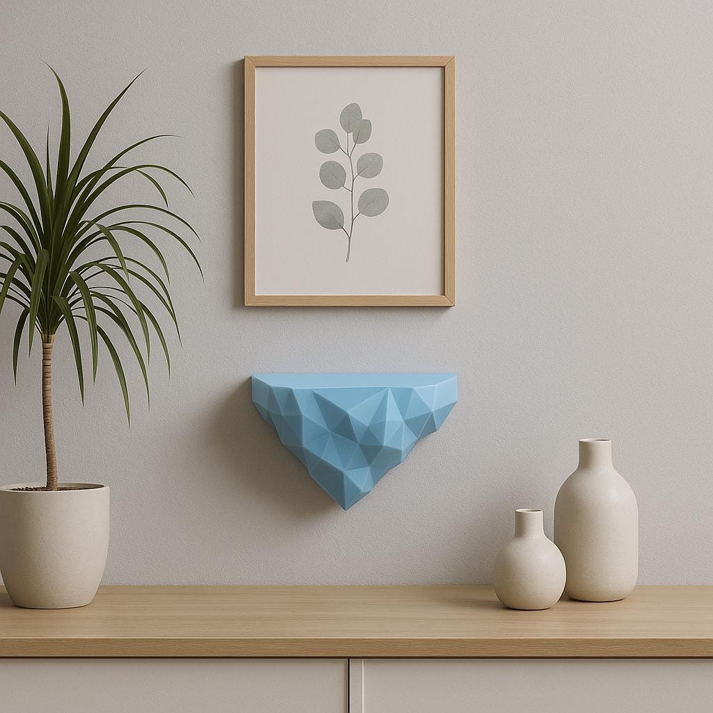 Geometric blue wall shelf in a modern interior, featuring a plant and decorative vases.