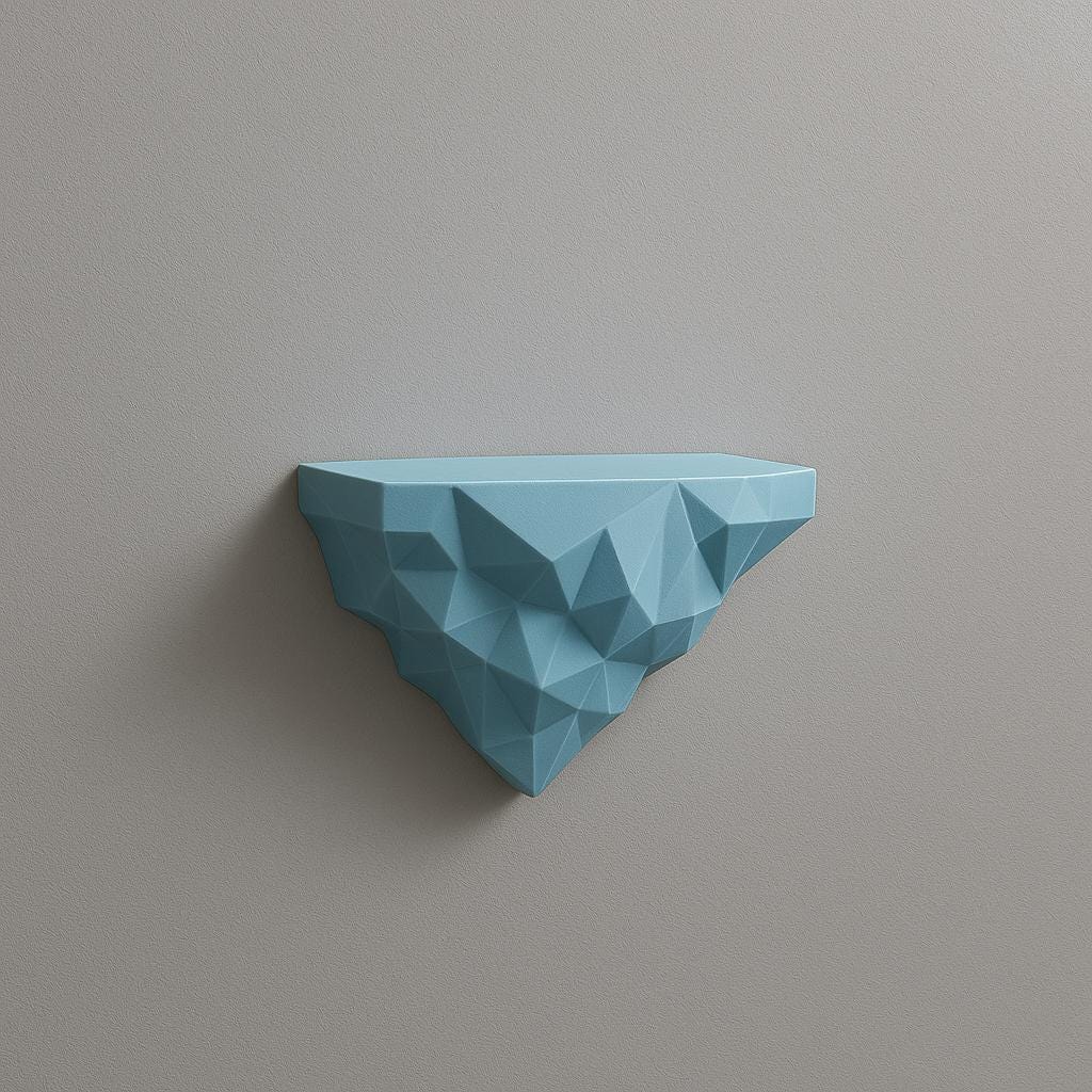 Geometric blue 3D printed floating wall shelf with faceted design for modern minimalist decor.
