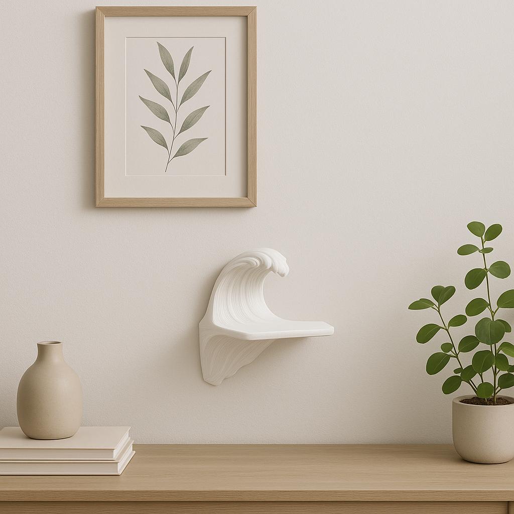 Wave wall shelf in matte white, ocean-inspired decor perfect for minimalist interiors, displayed with a plant and art.